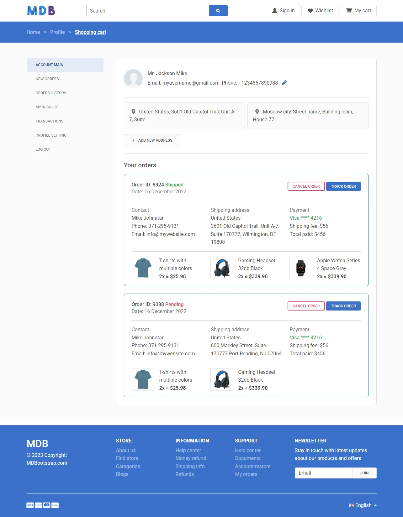Bootstrap 5 eCommerce User Account