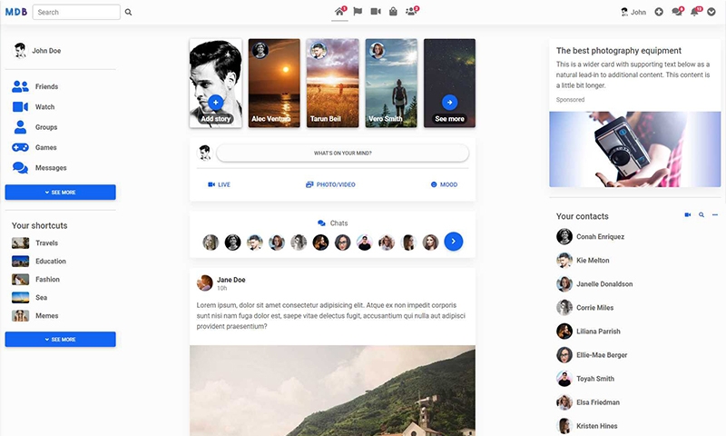 Facebook Newsfeed Template Bootstrap 5 Material Design 2 0