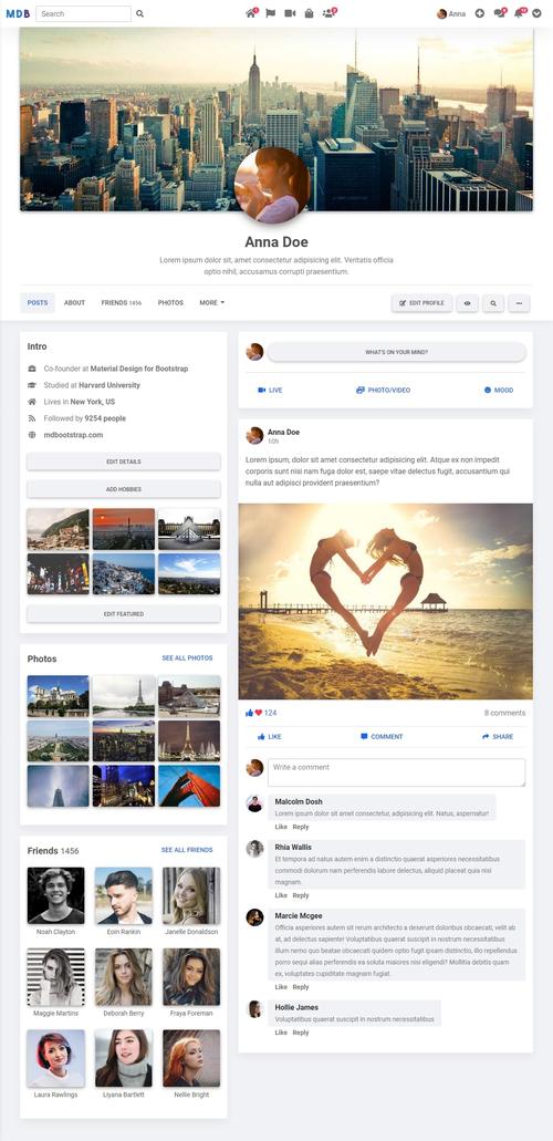 Facebook Profile Page Template Bootstrap 5 Material Design 2 0