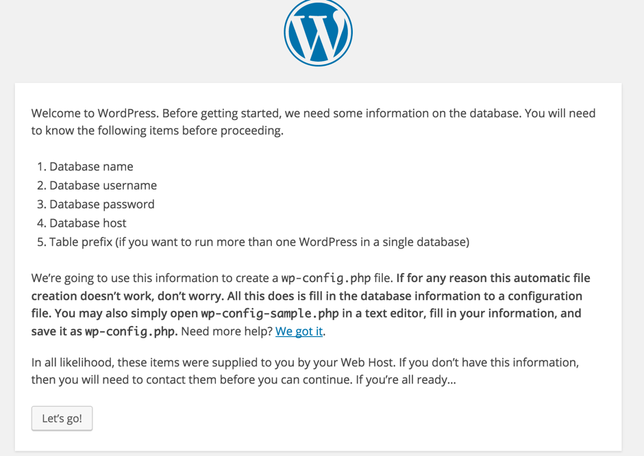 WordPress installation screen